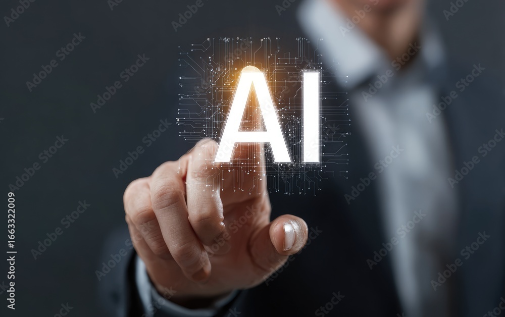 Naklejka premium A person interacts with a glowing AI interface