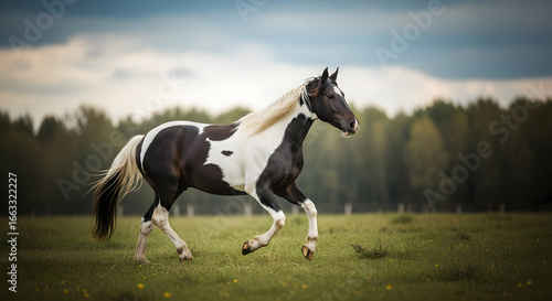 Striking paint horse gallops freely across a verdant meadow bathed in soft light