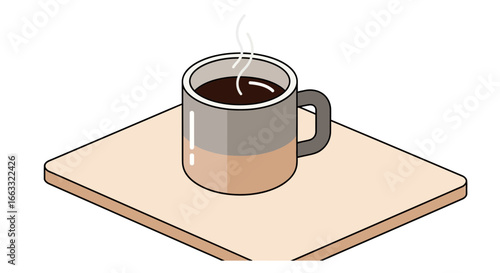 A 2D flat illustration of a coffee mug with steam rising from it. The image is a simple icon for themes of coffee, morning, relaxation, break time, and office work.