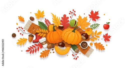 Thanksgiving flat lay with pumpkin, coffee cup, autumn leaf and cozy knitted scarf