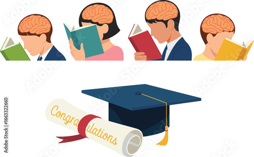 Brain development through reading and education, graduation cap, diploma, student success, knowledge growth, CAD drawing flat vector illustration
