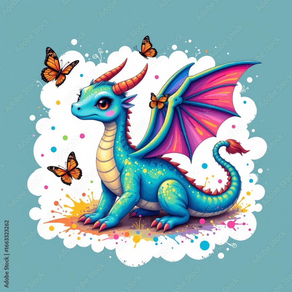 Naklejka premium a shiny wyvern playing with butterflies, in a whimsical hand drawn style with colorful splashes on a white background.