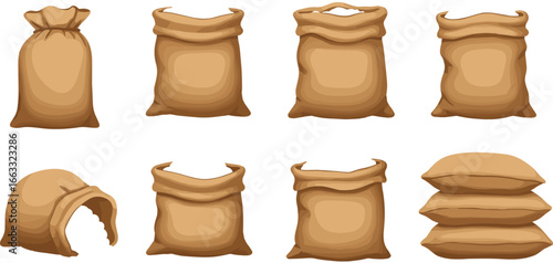 Brown burlap sacks collection, empty and filled bags, stacked and open sacks, storage bags, rustic bags, packaging, farming sacks, textile bags, vintage sack designs, CAD flat vector illustration
