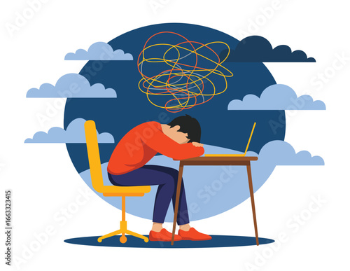 Illustration of overwhelmed person at desk with swirling lines above head, symbolizing stress, mental overload, and emotional burnout