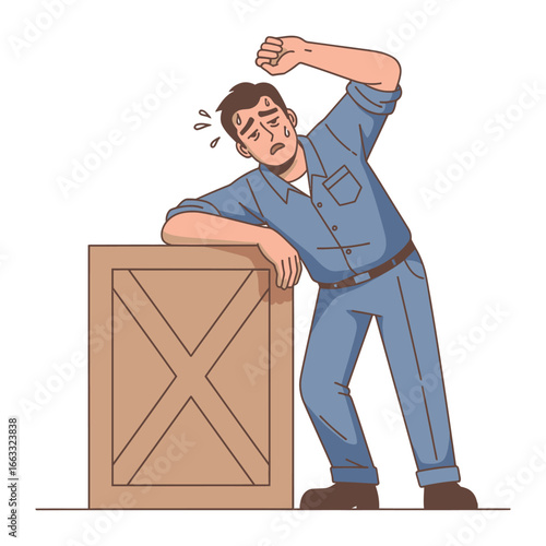 Weary Workman’s Woes: An illustrated depiction of a fatigued worker, leaning against a wooden crate, showcases a realistic struggle in the manual labor environment.