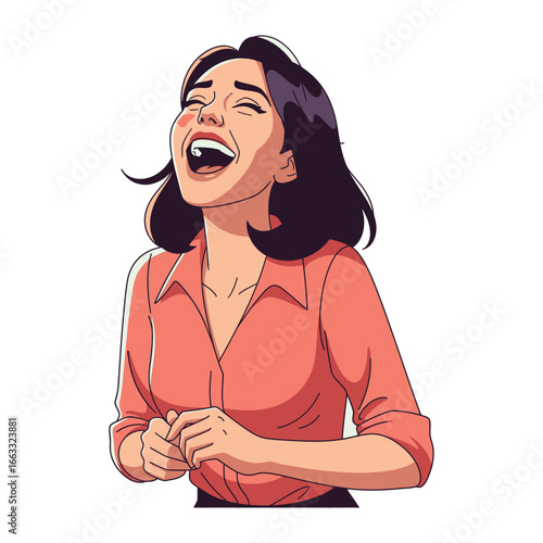 Joyful Expression: An animated illustration of a laughing woman, full of infectious delight, radiating pure, unadulterated joy, with her head thrown back and mouth wide open.