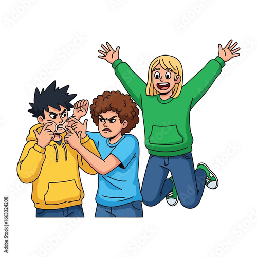 Teasing Trouble: Animated depiction of teenagers embroiled in playful teasing, reflecting the dynamic relationships and interactions of young individuals.