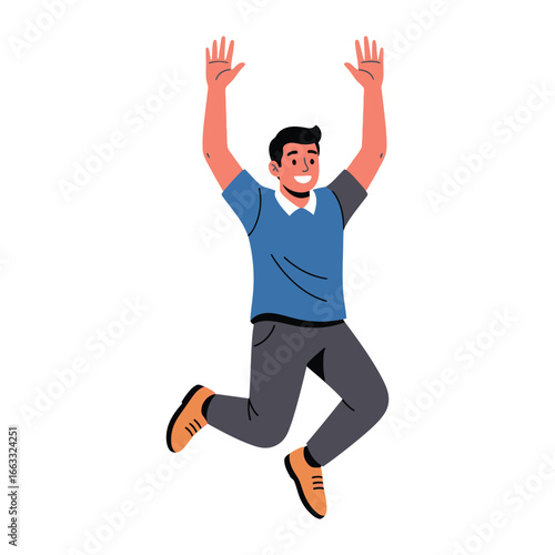 Joyful Leap: A vibrant illustration depicts a man in mid-air, arms joyfully raised, his infectious happiness illuminating the scene, offering a visual representation of positivity and freedom.