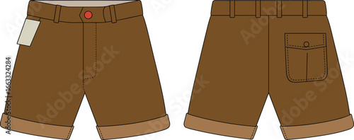 Brown men's shorts vector illustration, casual summer clothing, front and back views, rolled cuffs, belt loops, button closure, pocket detail, fashion design, flat style, CAD drawing
