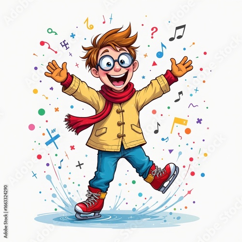 a joyful mathematician skating on ice, in a vibrant cartoon style with paint splashes on a white background.