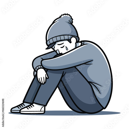 Sadness Embodied: A lone figure, huddled in the cold embrace of solitude, exudes a palpable sense of melancholic isolation, tears tracing paths down their weary face.