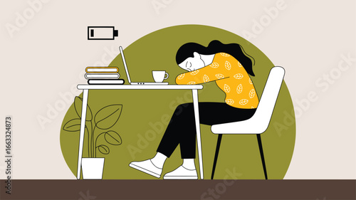 Illustration of tired woman at desk with low battery icon, symbolizing burnout, study fatigue, and the need for rest and emotional recovery