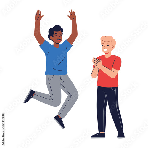 Joyful Celebration: Illustrative depiction of two individuals immersed in a moment of triumphant elation. Witness one person jumping for joy as the other applauds.