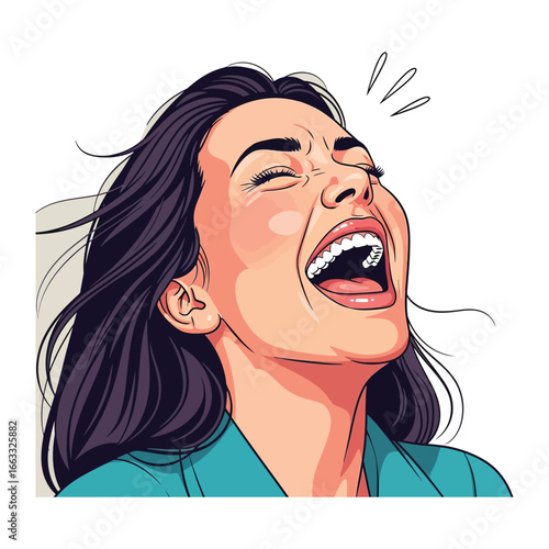 Explosive Laughter and Happiness: A captivating illustration of a woman overcome with genuine, unadulterated joy, her face contorted in a burst of laughter, her eyes squeezed shut in pure happiness. 