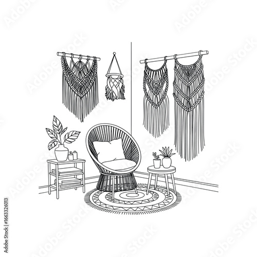 Bohemian rattan chair and macrame wall hangings create a cozy natural living room scene white background