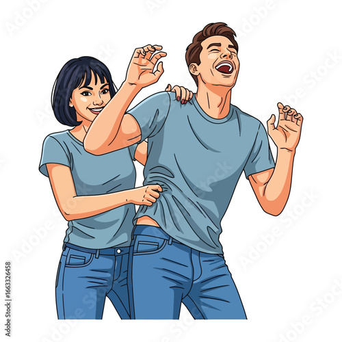 Joyful Tickle: Capturing the genuine moment of laughter, a lively illustration captures the spontaneous delight as one person tickles another, showcasing the purity of joy and fun.