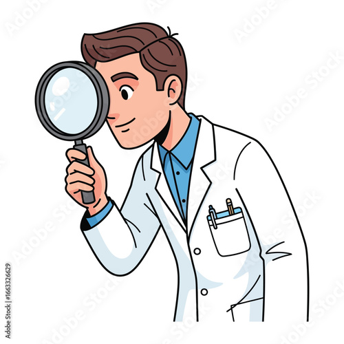 Scientist's Keen Observation: A skilled scientist, donned in a crisp lab coat, peers intently through a magnifying glass, symbolizing meticulous analysis and scientific precision.