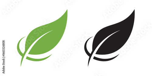 Minimalist green and black leaf logo design, flat vector icon for nature, eco-friendly, organic, natural products, environment, sustainability, herbal, botanical, and wellness branding concepts