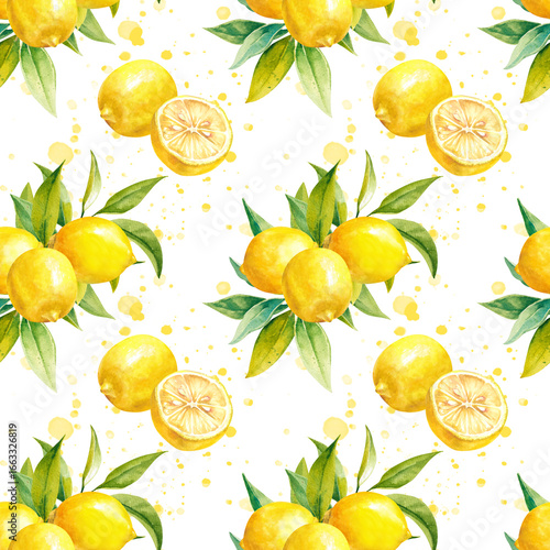 Ripe fresh juicy lemons with green leaves hand drawn watercolor illustration isolated on white with splashes. Citrus fruits and halves seamless pattern for colorful print, wallpaper, textile, wrapping