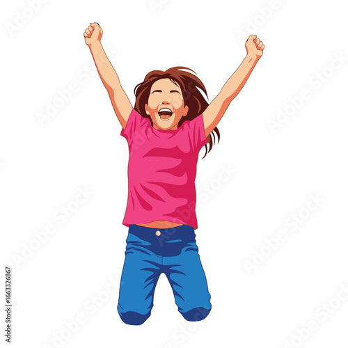 Joyful Leap: A girl in vibrant pink and blue clothing springs with unrestrained happiness, embodying pure exhilaration. A graphical portrayal of youthful exuberance and cheerful delight.