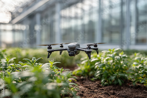 hybrid drone resembling bee actively pollinates greenhouse plants amidst ecosystem crisis