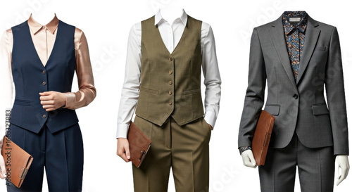 Stylish Business Attire for Men and Women Featuring Vests and Tailored Pants