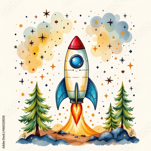 a energetic rocket ship camping under the stars, drawn in a playful watercolor splash style on a clean white backdrop.