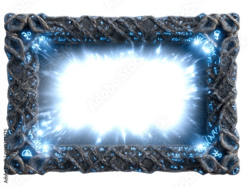 Mystical portal: glowing frame with enchanted runes and bright energy