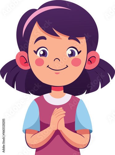 An illustration of a smiling young girl apologizing with hands together, expression of regret and kindness.