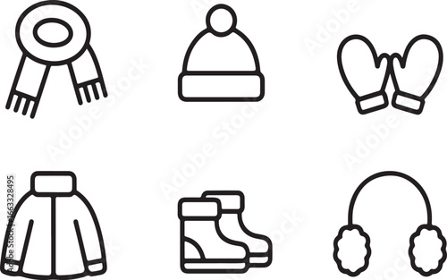 Collection of winter clothing icons including scarf hat mittens jacket boots and earmuffs isolated on white background