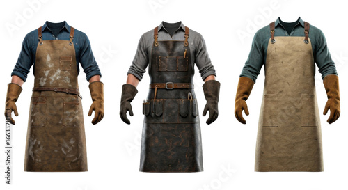 Three Vintage Brown and Gray Work Aprons with Tools on Transparent Background