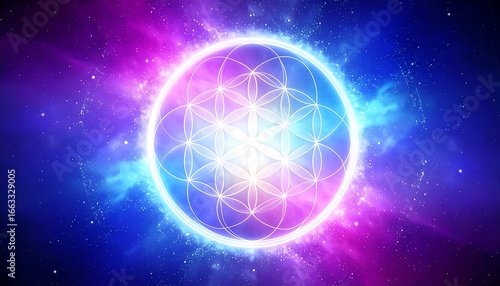 Wallpaper Mural Flower of Life symbol set against a vibrant cosmic background. Torontodigital.ca