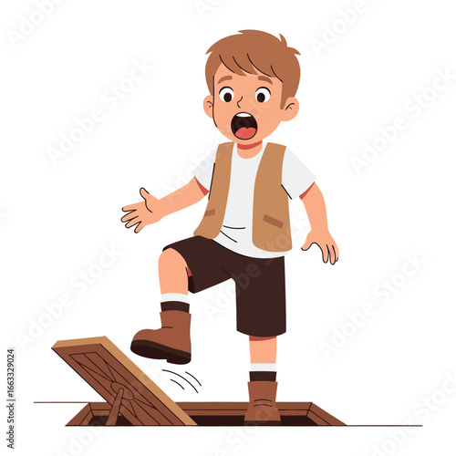 Accidental Step : A boy experiences a moment of surprise as he navigates an unexpected hazard, adding a lighthearted touch to the scene. 
