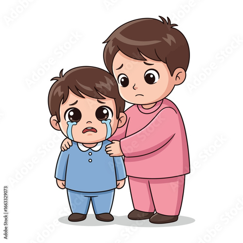 Soothing Tears: A supportive figure comforts a distressed child, offering solace with a tender embrace and showing empathy. Capturing a moment of vulnerable emotion and human connection.