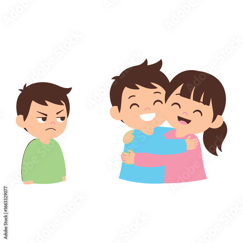 Envy and Affection in a Cartoon: A young child witnesses a loving embrace, his expression reflecting the pangs of envy, while a pair of figures joyfully share a hug