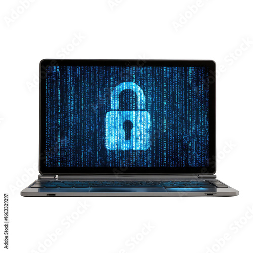 Laptop screen with a lock graphic and binary code