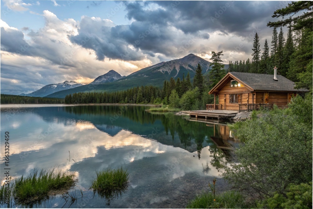 Fototapeta premium A still lake reflecting the mountains and sky, with a wooden cabin on the shore