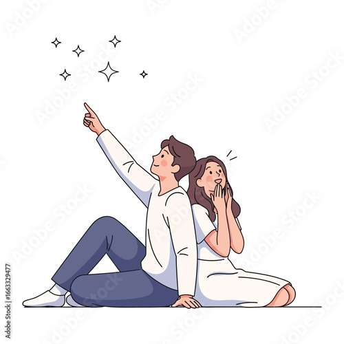 A Romantic Stargazing Couple: A captivating illustration of a couple gazing at the night sky, filled with wonder and joy, illustrating a bond of shared dreams and intimate connection. 