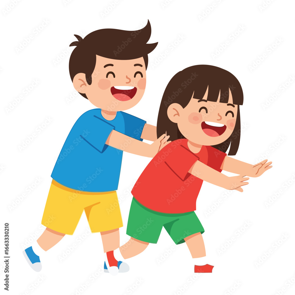 Joyful Childhood Game: Two young children delight in a game of tag, their faces alight with laughter and the pure joy of play. Joyful Childhood Game: Two young children delight in a game of tag, their faces alight with laughter and the pure joy of play.