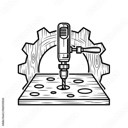 A hand drill pierces a wooden board, gear in background.