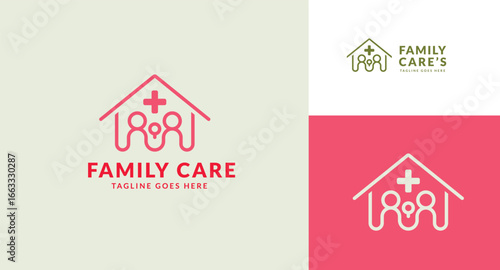 Minimalist Family Care Logo Featuring House, Cross, and People.