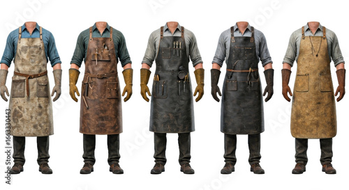 Various Stylish Aprons Displayed on Man in Different Materials and Designs