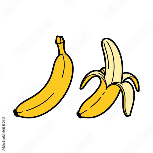 A simple illustration of two bananas, one peeled and one whole.  Perfect for various uses.
