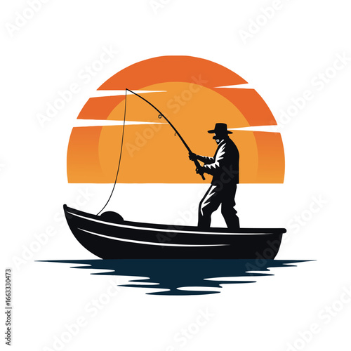 Fisherman on boat with sunrise background vector silhouette outline logo design concept illustration