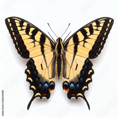 Striking eastern tiger swallowtail butterfly displaying intricate patterns and textures on white background