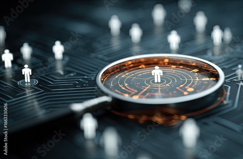 Magnifying glass focuses on a person among many on a circuit board