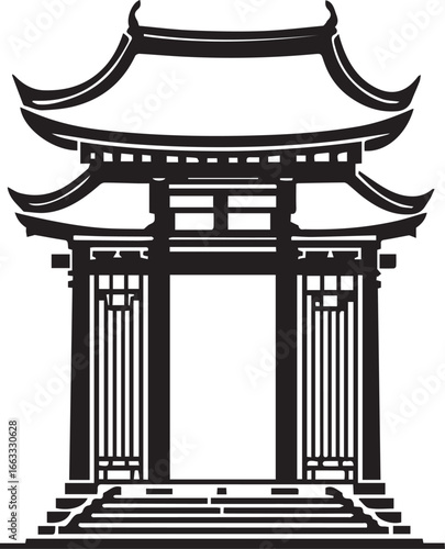 Gate of Stillness — a black and white torii marking the passage from ordinary to sacred