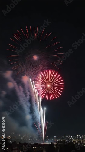 Vertical 9:16 cinematic footage of colorful fireworks exploding in night sky, short celebration video.