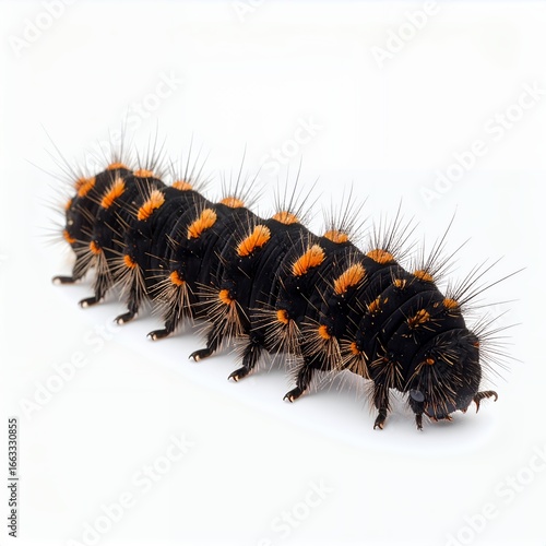 Detailed view of a spiky caterpillar with orange markings crawling slowly on white background