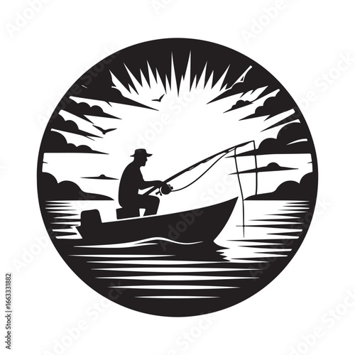 Fisherman on boat with sunrise background vector silhouette outline logo design concept illustration